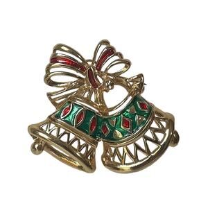 1990s Gold Plate Green & Red Enamel Christmas Bells Holiday Pin Brooch
